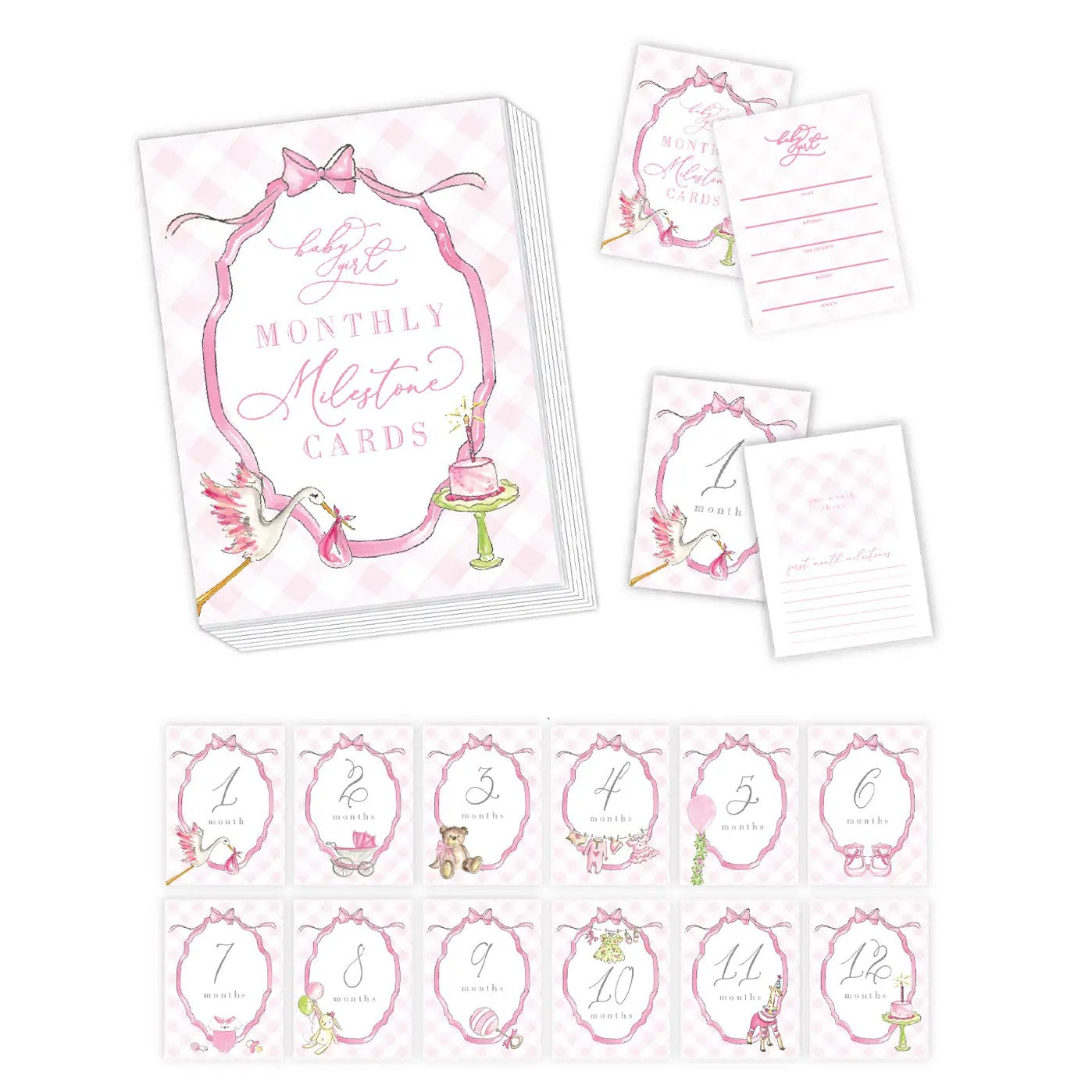 Watercolor Baby Girl Pink Gingham Milestone Cards – Alexandra's
