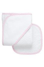 Load image into Gallery viewer, Hooded Towel and Washcloth Set- Small Check Trim
