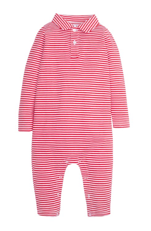 Long Sleeve Striped Polo Romper - Red