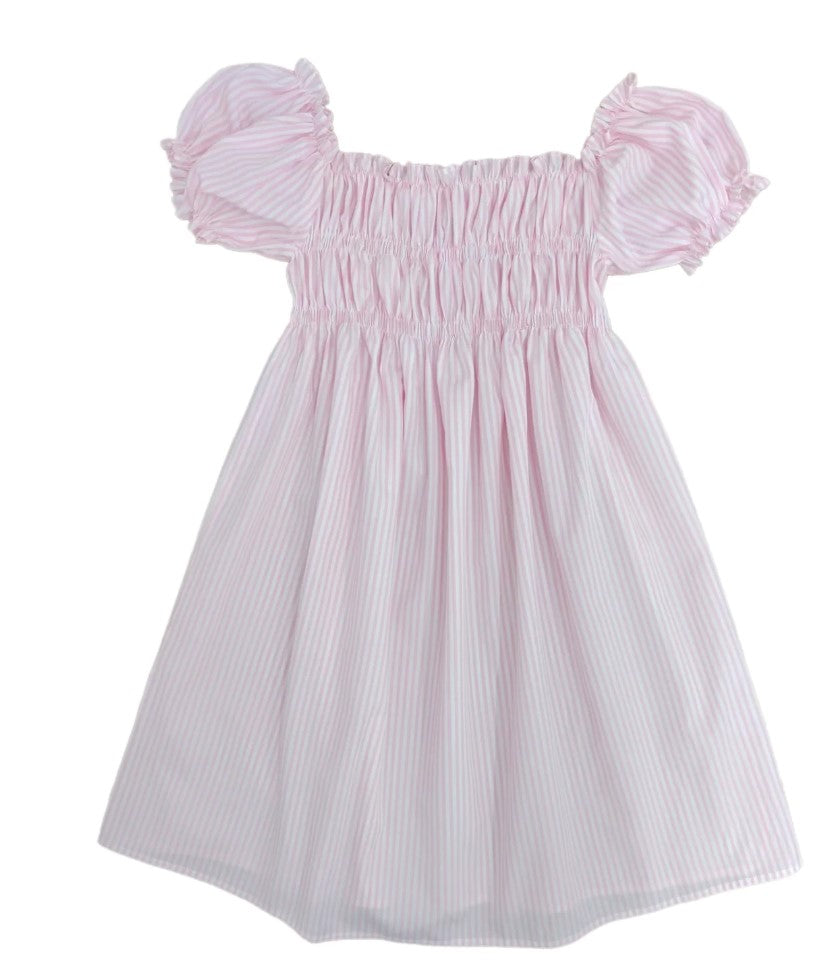 Smocked Short Sleeve Dress, Pink Stripe