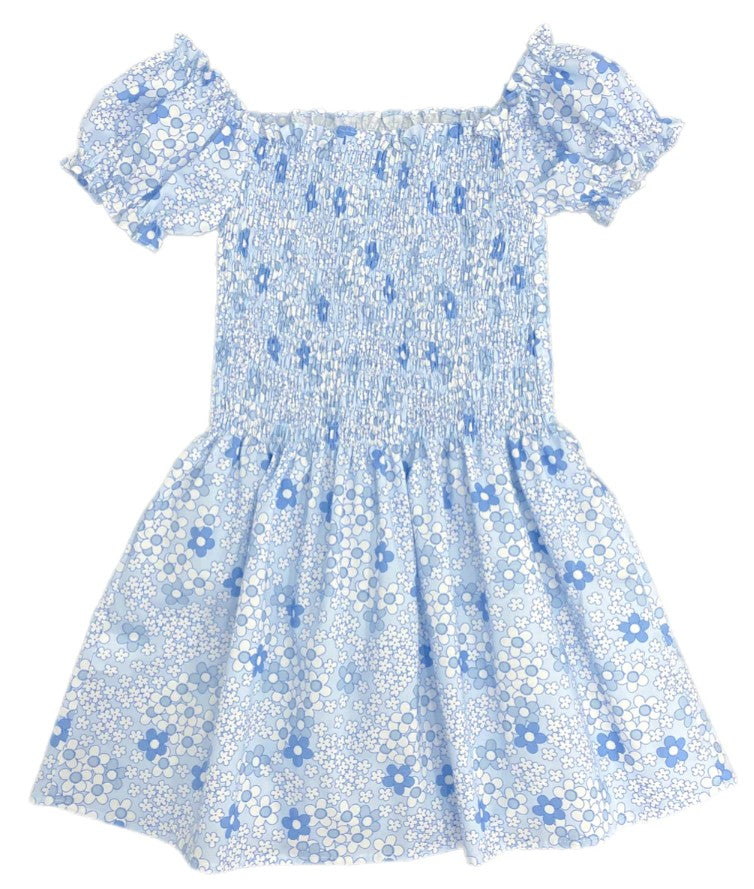 Smocked Short Sleeve Dress, Blue Floral