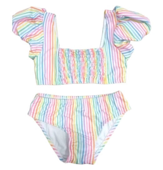 Rainbow Stripe Puff Sleeve Two-Piece Swim